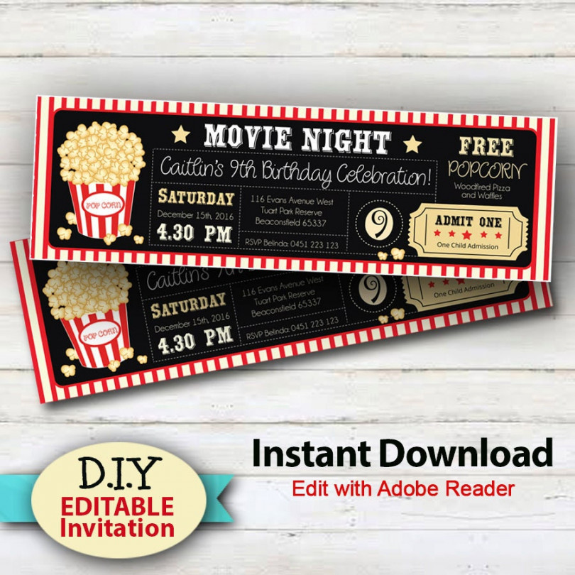 EDITABLE Instant Download Movie Party Invitations, Boy or girls Movie Party  Ticket Invitation, Edit at home, Cinema Invitations