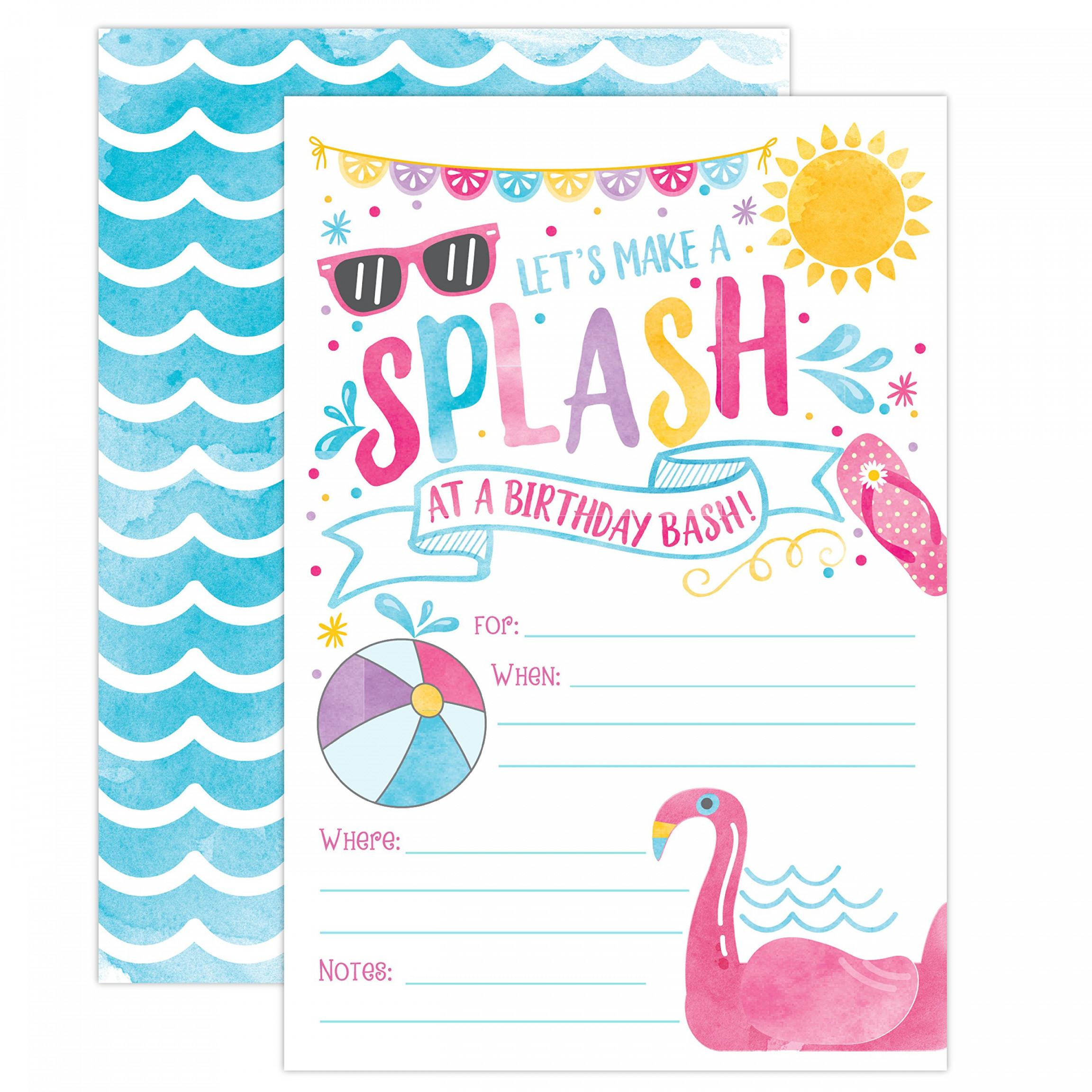 Girl Pool Party Birthday Invitations, Summer Pool Party Bash, Splash Pad,  Water Park Charging,  Fill In Pool Party Invitations with Envelopes