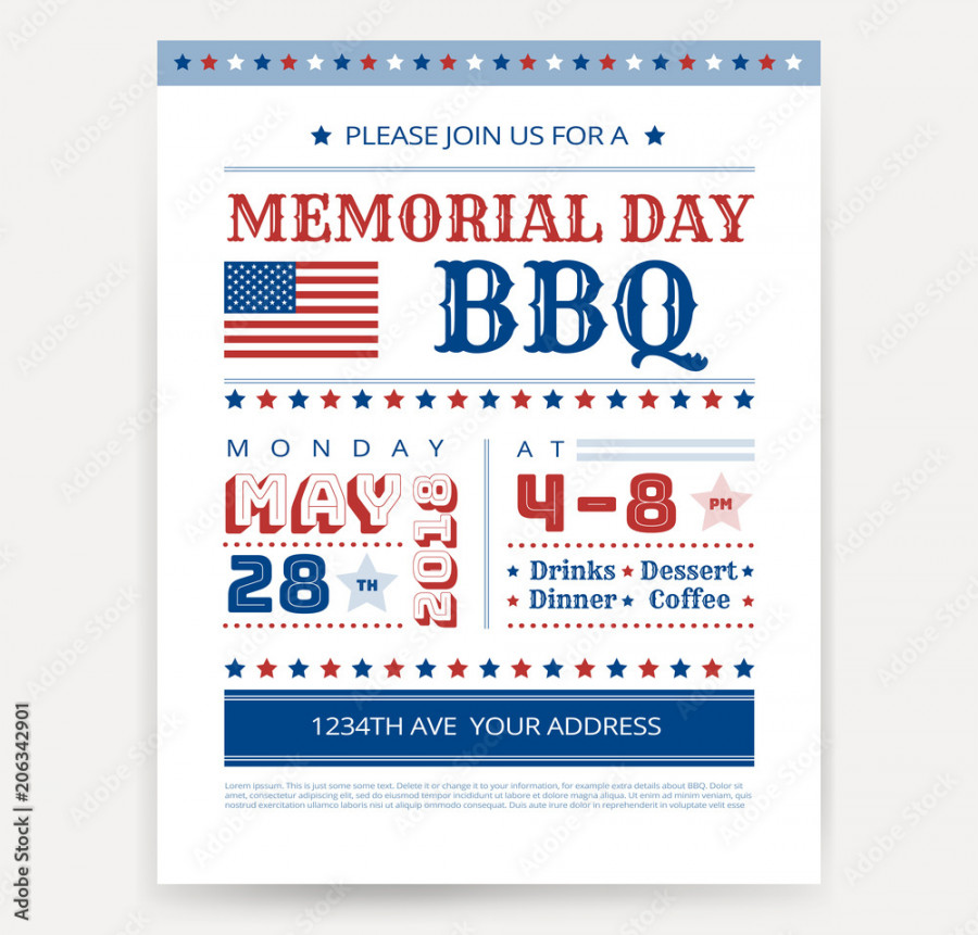 Memorial Day barbeque BBQ flyer, leaflet, letter invitation design