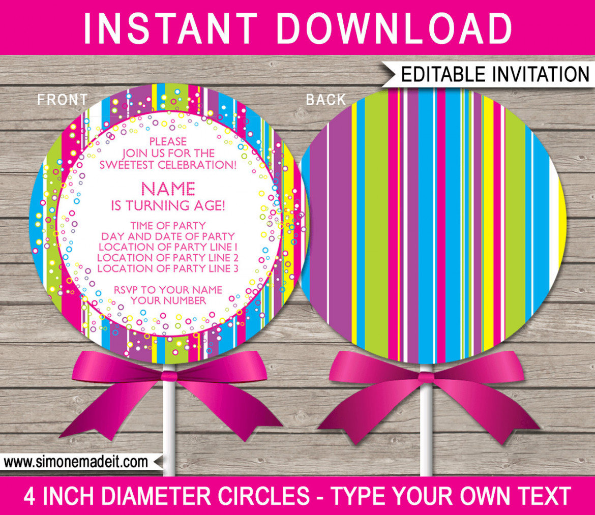 Lollipop Invitation Template DIY Printable Candyland Theme - Etsy