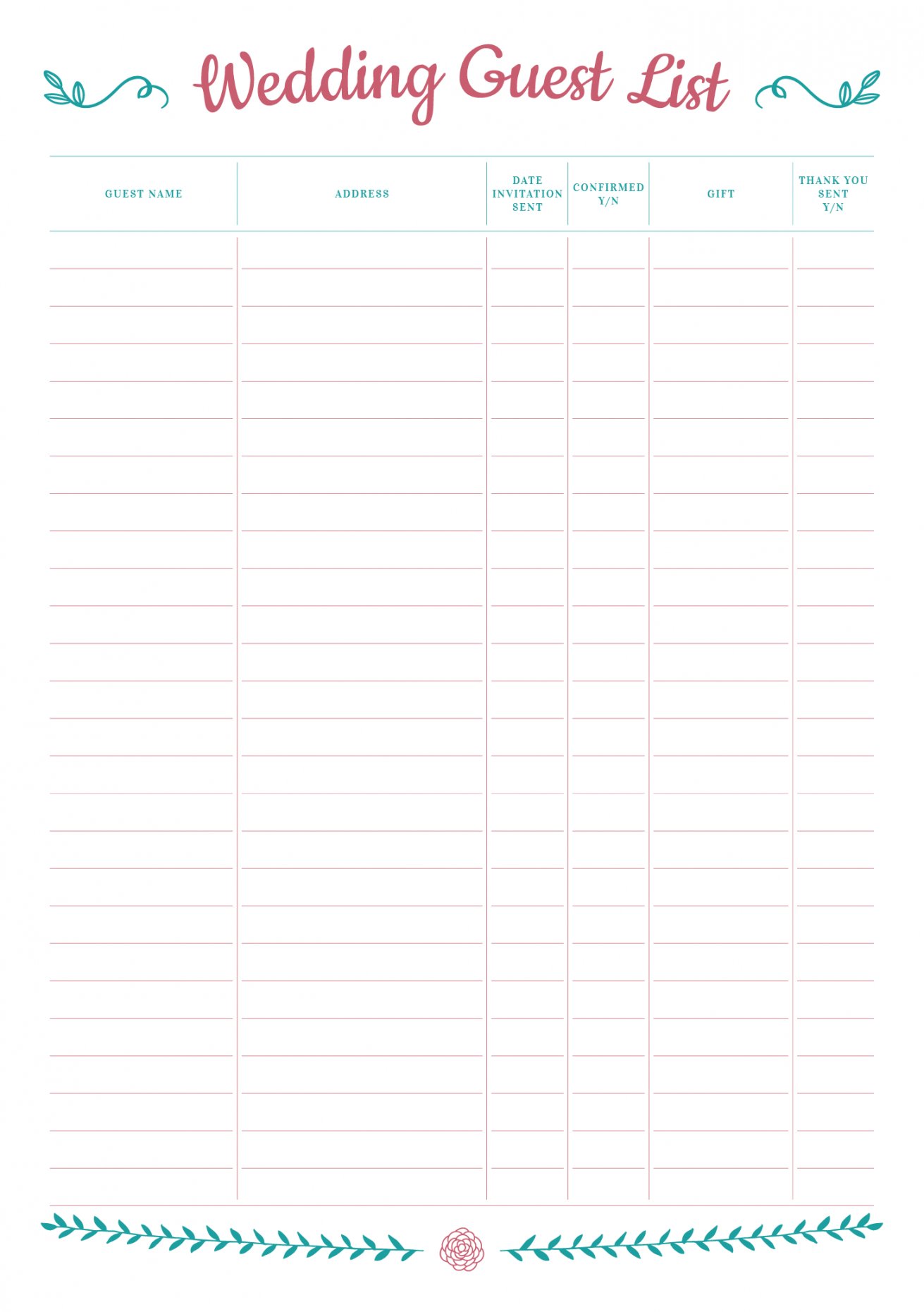 Printable Wedding Guest List with Gift Section PDF Download