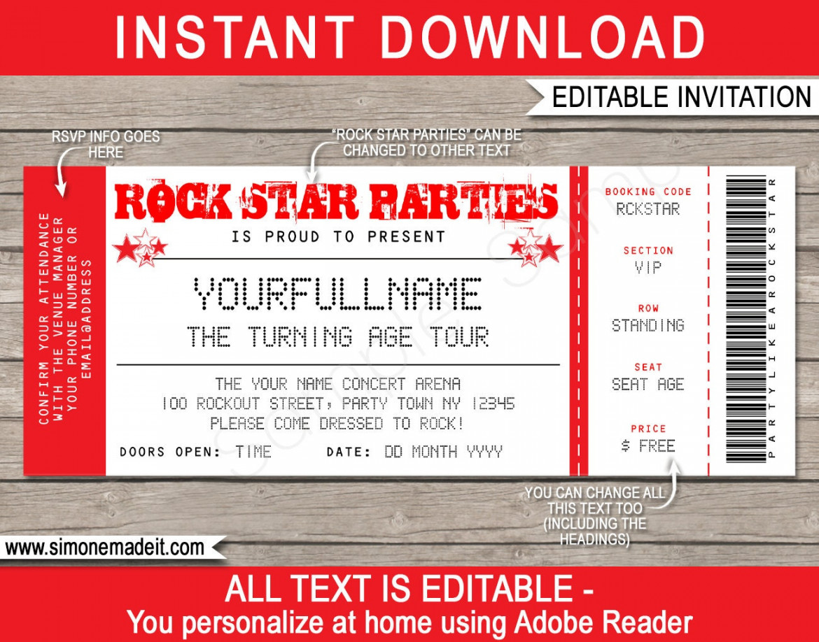 Rock Star Invitation Template - Printable Concert Ticket Invite - Rockstar  Birthday Party Theme - INSTANT DOWNLOAD with EDITABLE text