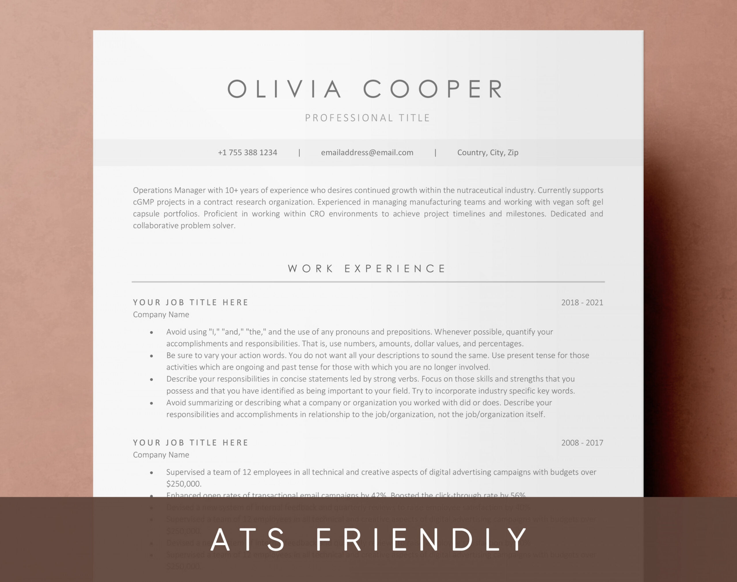 ATS Friendly Resume Template for Microsoft Word Cover Letter and