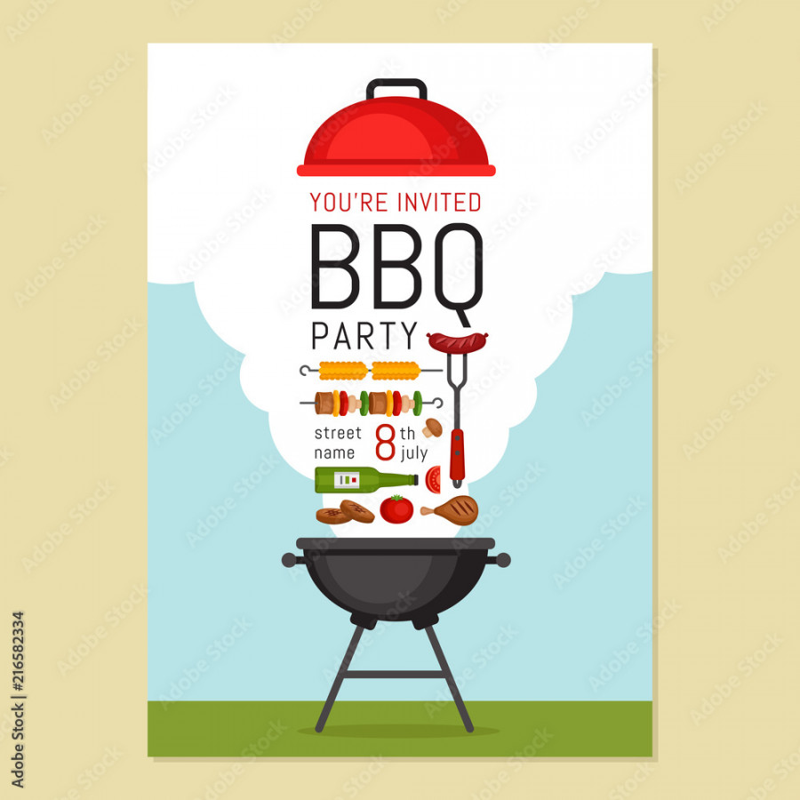 Bbq party invitation with grill and food. Barbecue poster