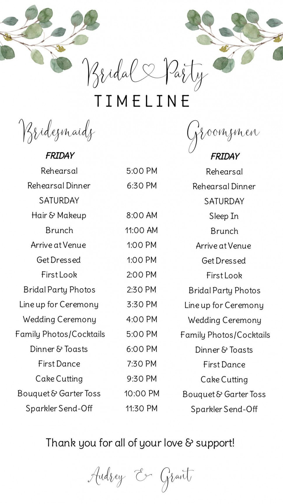 Bridal Party Itinerary Digital Digital Wedding Timeline - Etsy