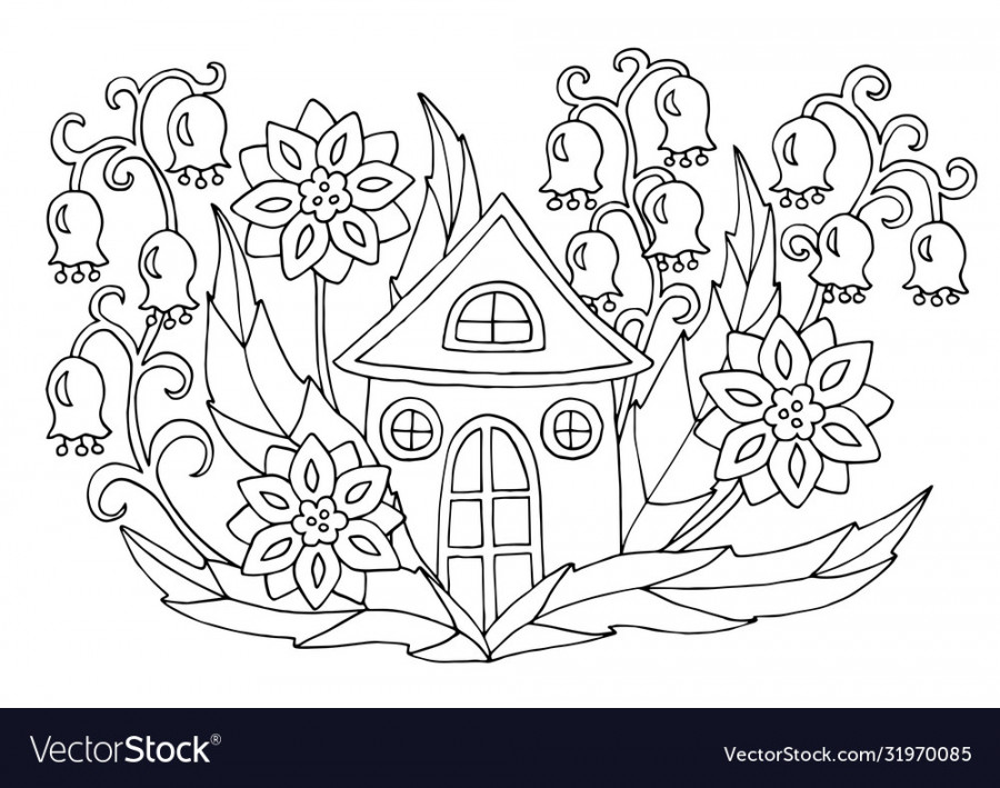 Coloring page with a small house in flowers Vector Image