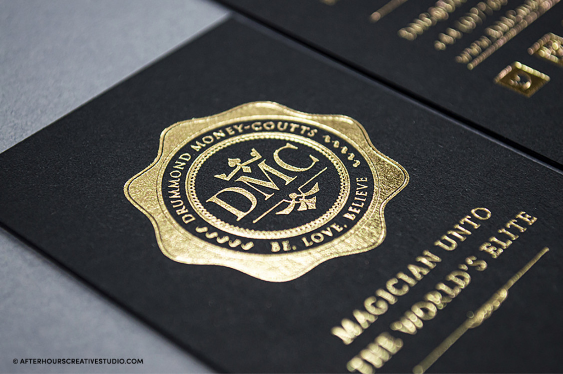 Colorplan ebony black business card with metallic gold foil stamping