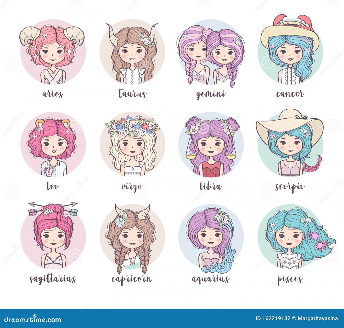 Cute Zodiac Girls Stock Illustrations –  Cute Zodiac Girls