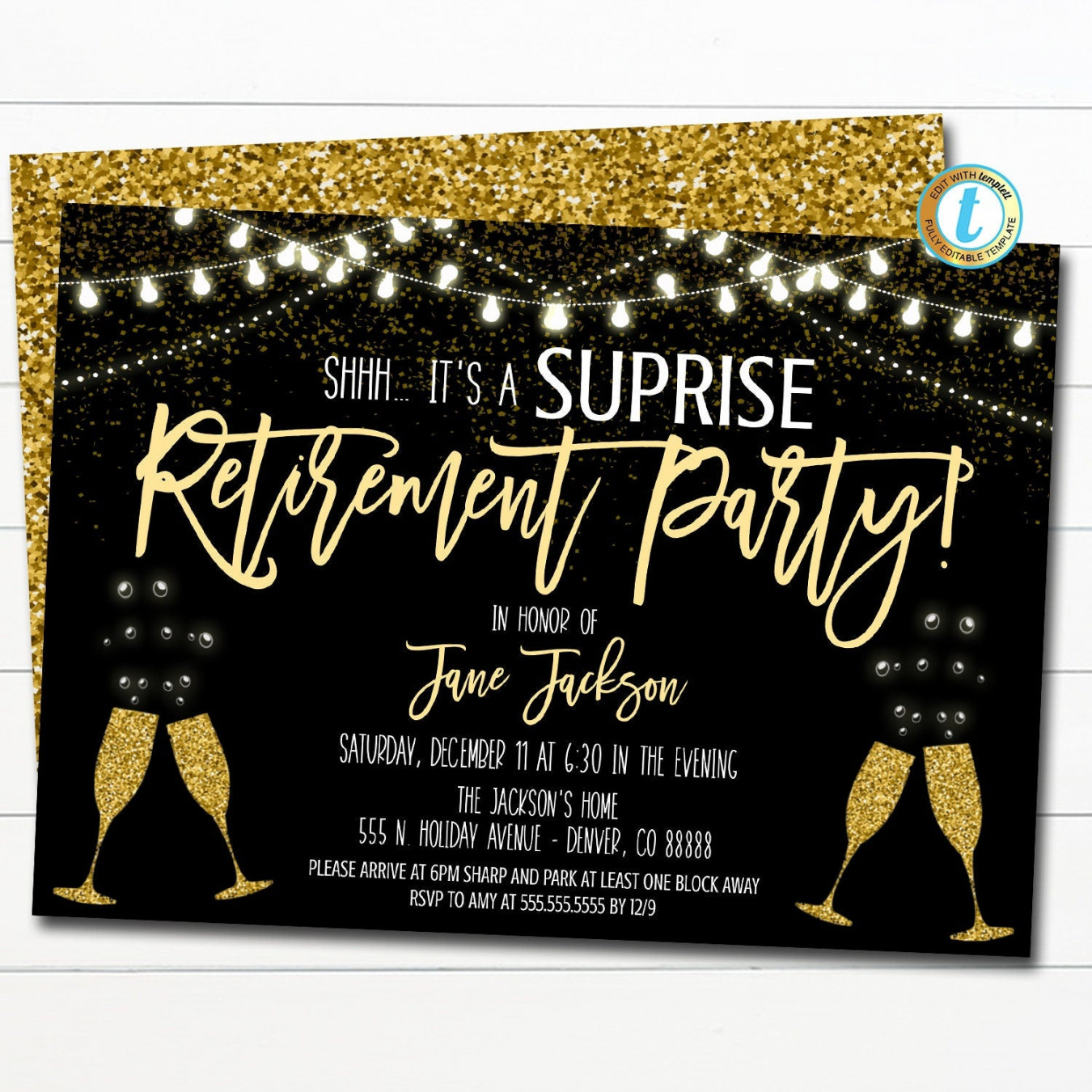 Editable Surprise Retirement Invitation Black Gold Printable