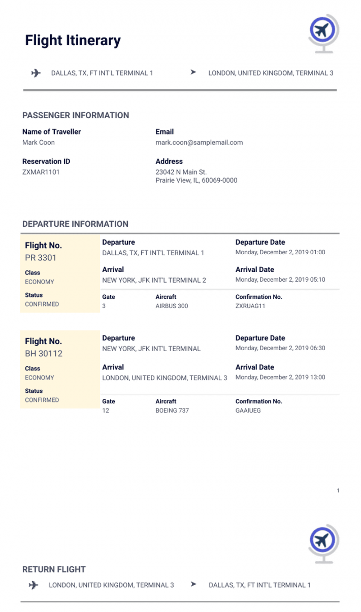 Flight Itinerary Template - PDF Templates  Jotform