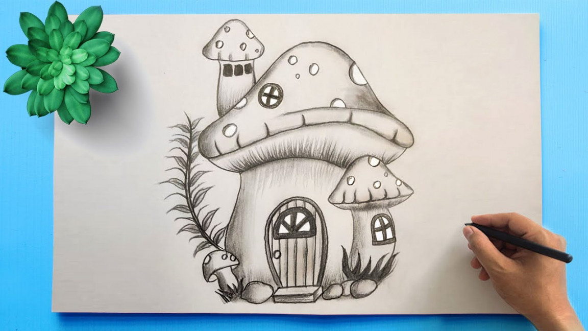 Frog Umbrella House  Mushroom House Drawing  Pencil sketch lesson of  Fairy House