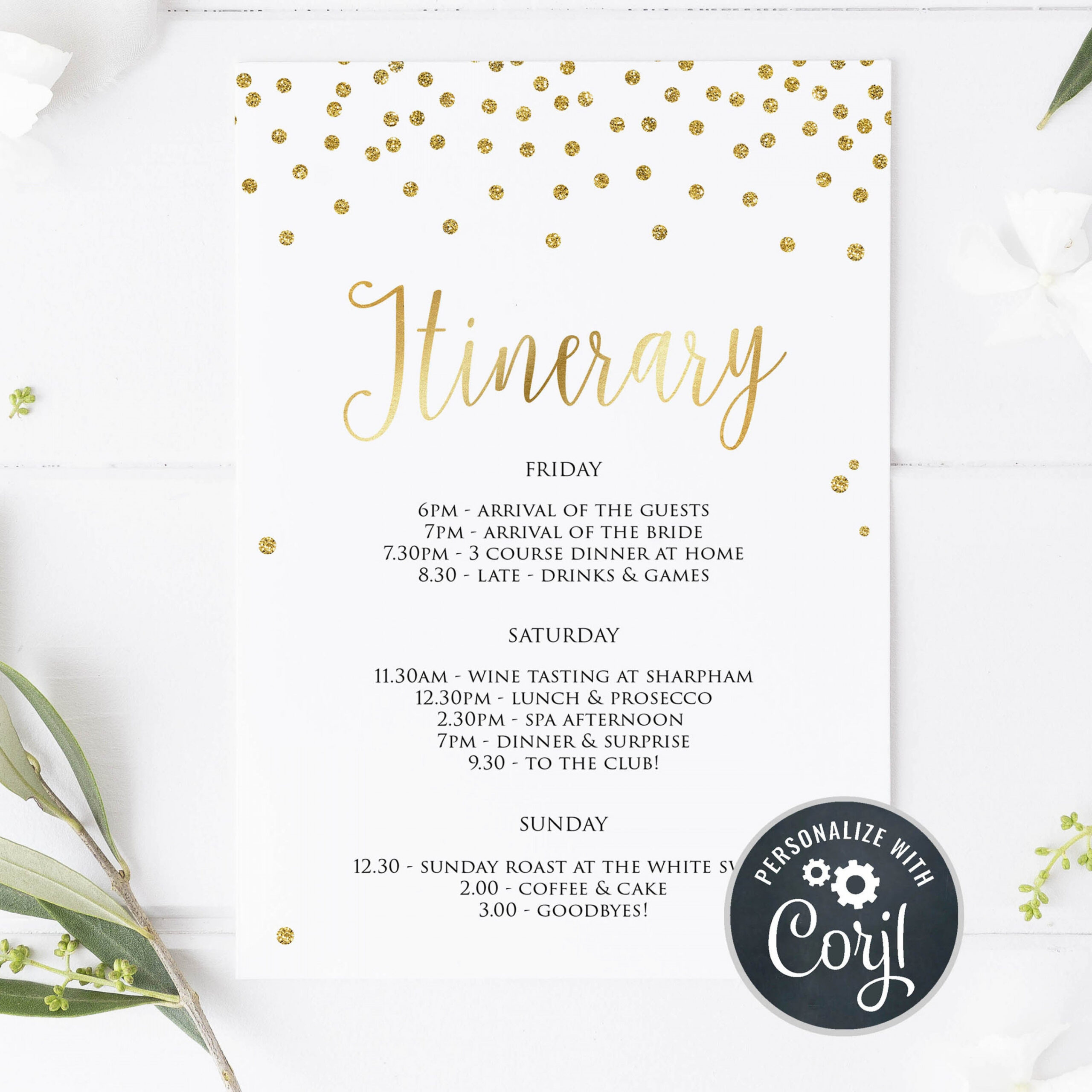 Gold Foil Editable Itinerary Template  Bridal Shower