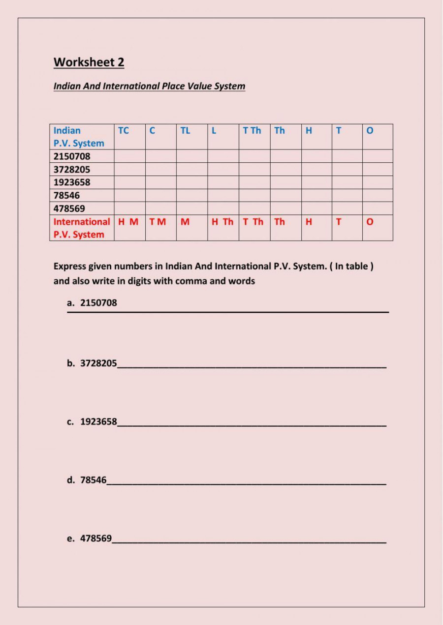 Indian and International Place value system class  worksheet