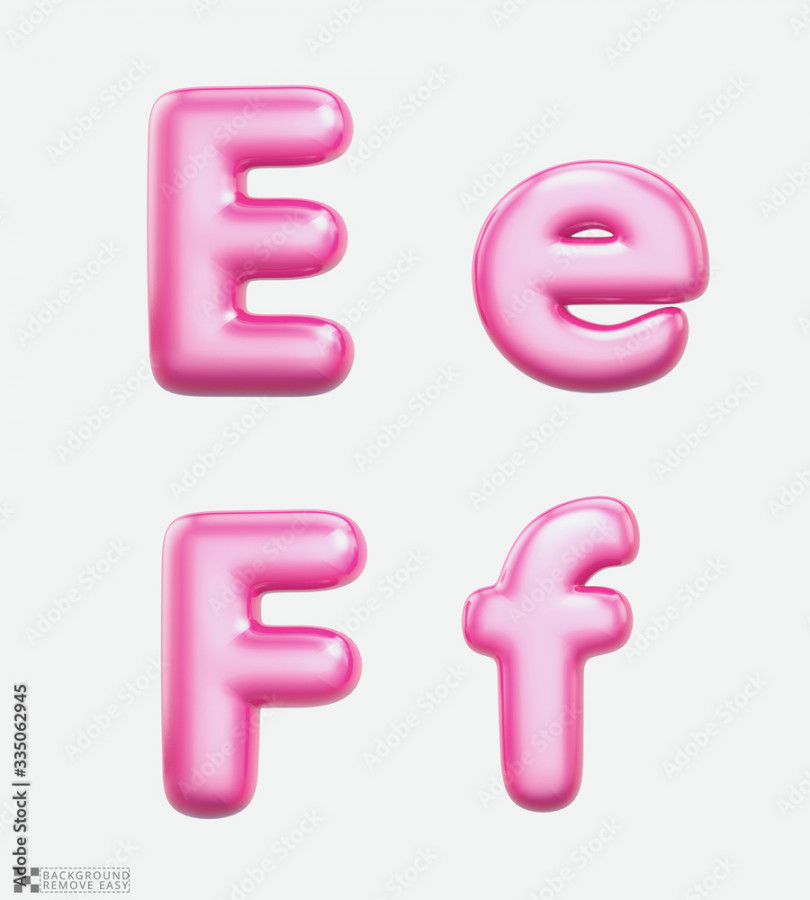 Letters E, F, bublle. Uppercase and lowercase. Font bubble gum