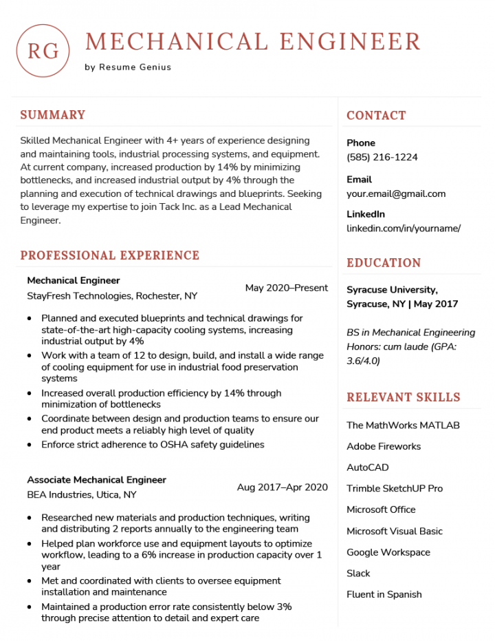 Mechanical Engineer Resume: Example, Template & Writing Tips