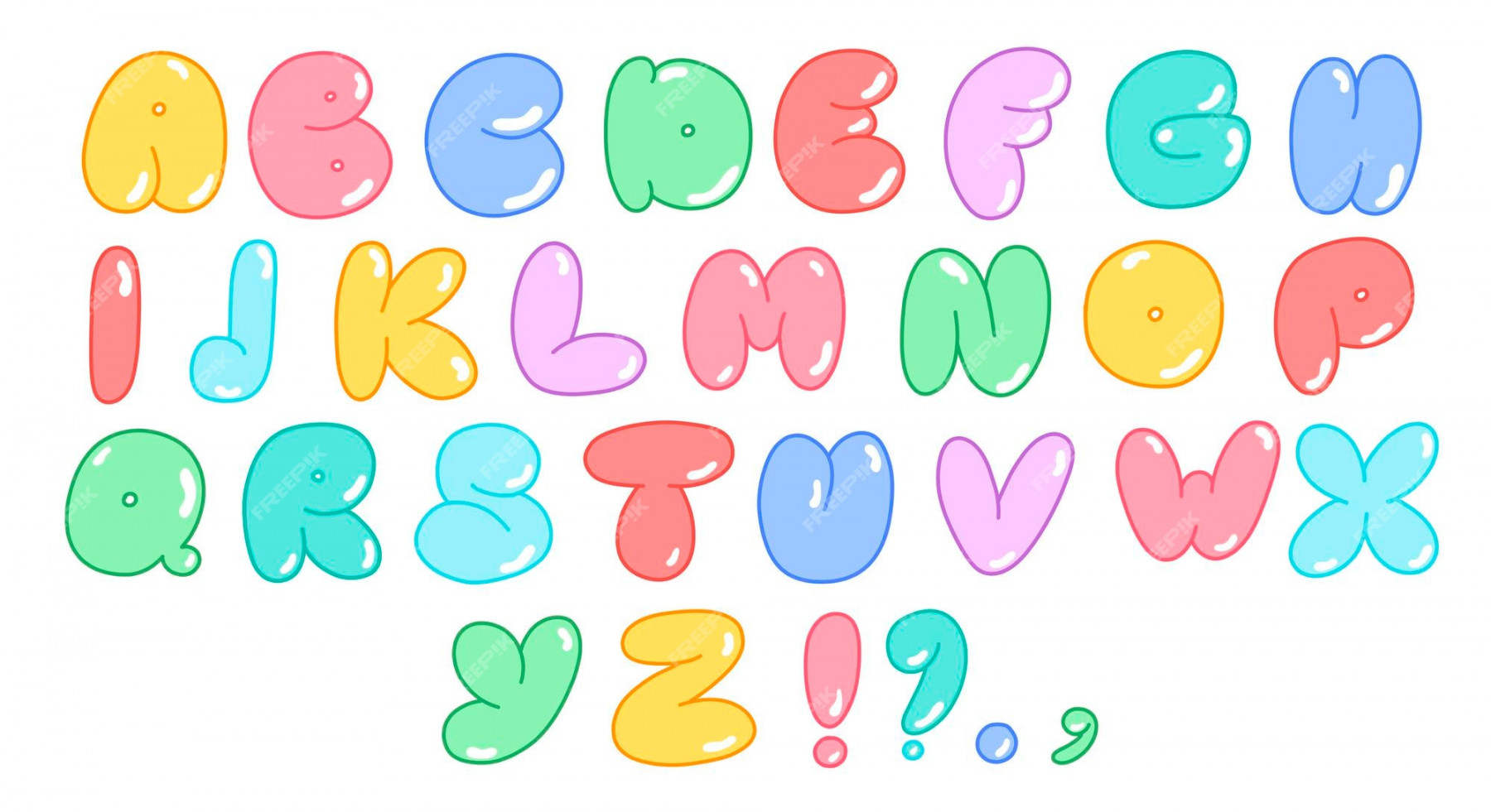 Multi-colored alphabet in bubble style, letters and symbols, a