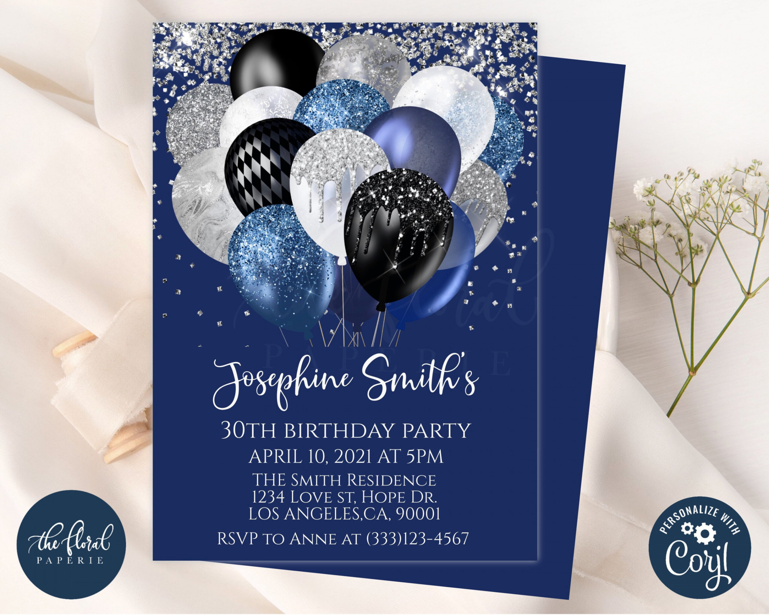 Navy Blue and Black Birthday Invitation Template Editable - Etsy