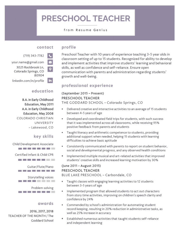 Preschool Teacher Resume Samples & Writing Guide  Resume Genius