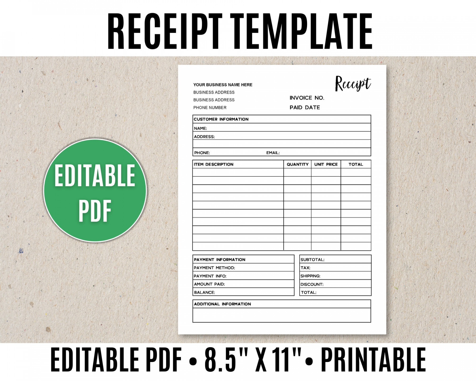 Receipt Template Editable Printable Order Receipt Editable PDF - Etsy