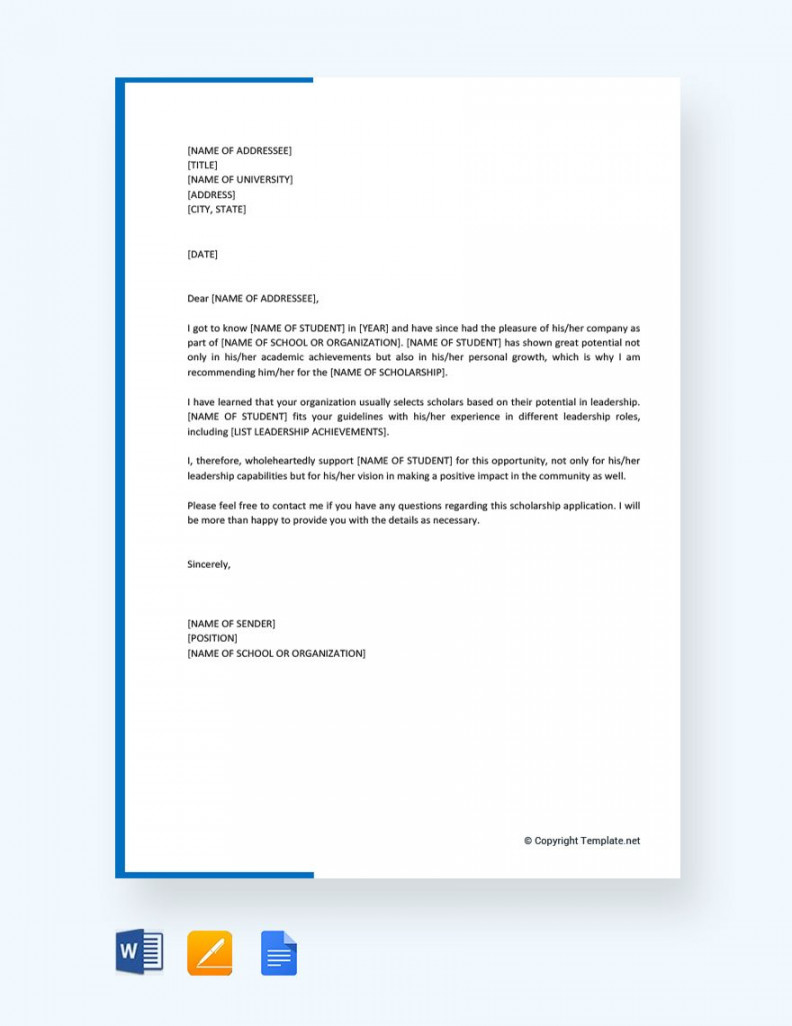 Recommendation Letter for Student Scholarship - Download in Word