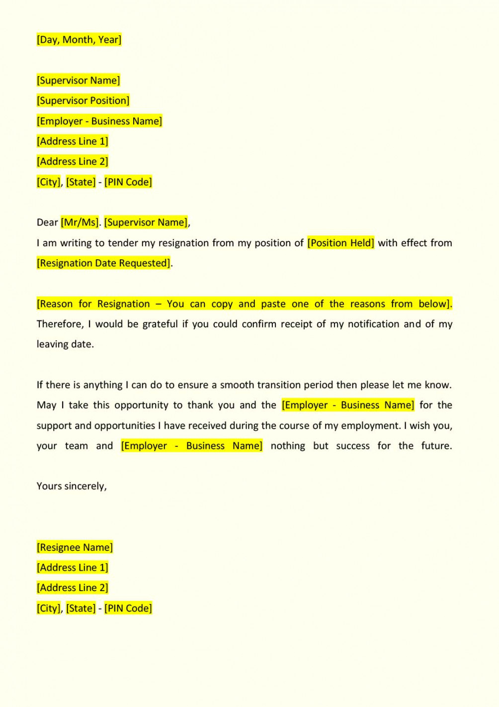 Resignation letter format - Check Resignation Format Online