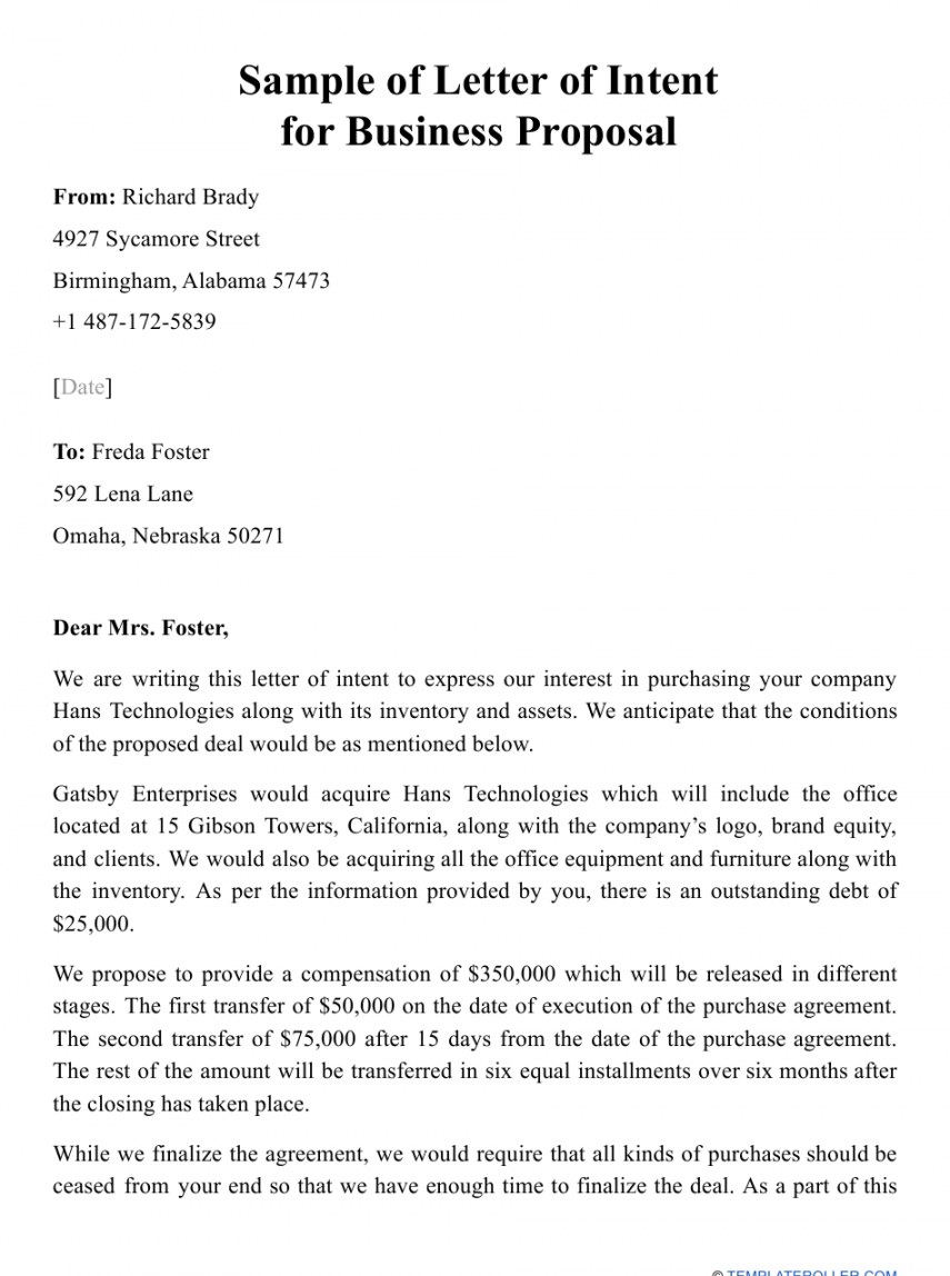 Sample Letter of Intent for Business Proposal - Fill Out, Sign