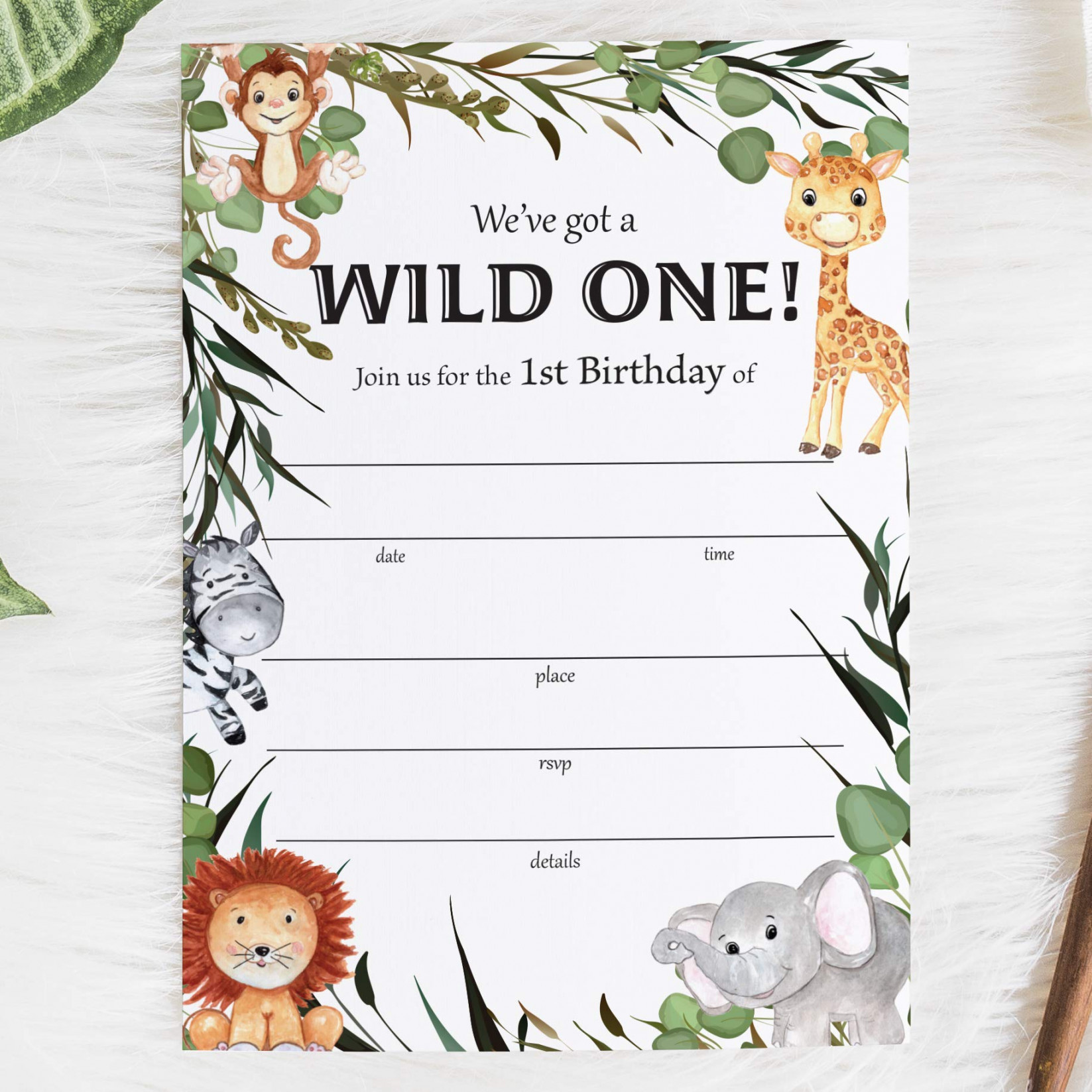 Set of  Safari st Birthday Invitations with Envelopes - Jungle Lion  Elephant Giraffe Zebra Monkey Birthday Invitations