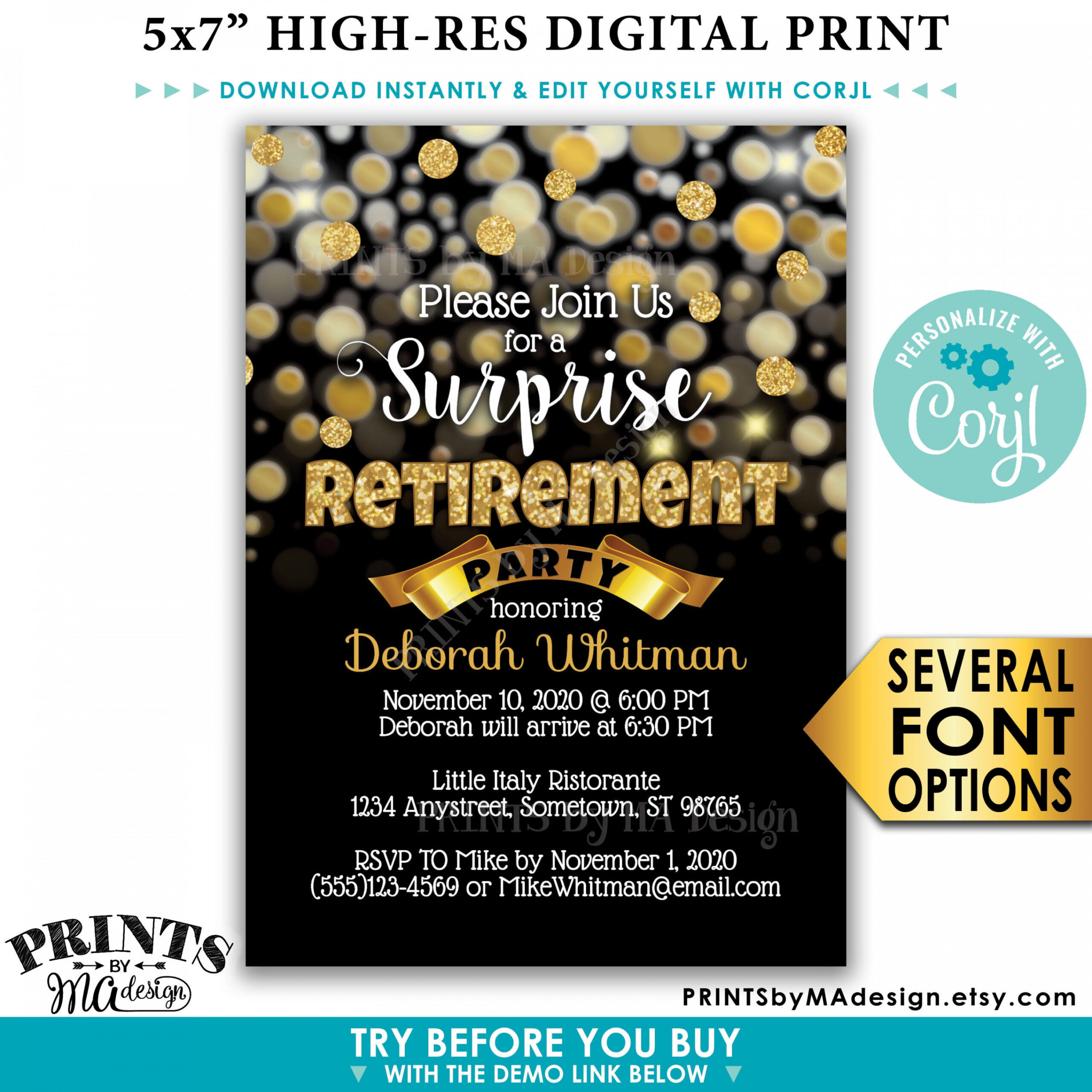 Surprise Retirement Party Invitation Black & Gold Glitter - Etsy