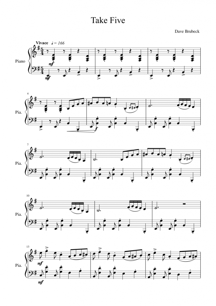 Take Five - Dave Brubeck- Sheet music for Piano (Solo)  Musescore