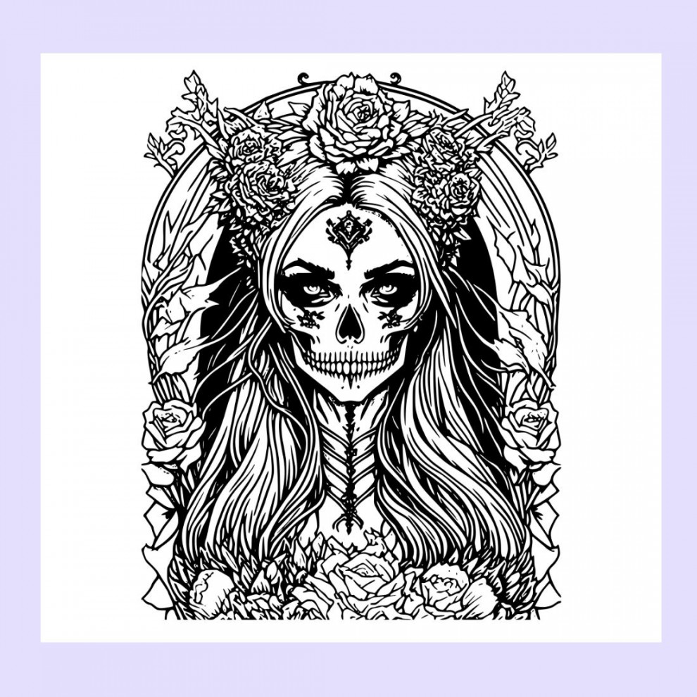 A Gothic girl with a skull and roses headdress horror and creepy, coloring  pages bundle for adults