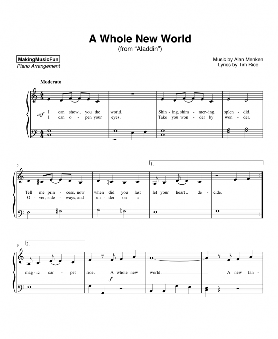 A Whole New World (Aladdin) – Easy Piano Sheet Music – Bluebird