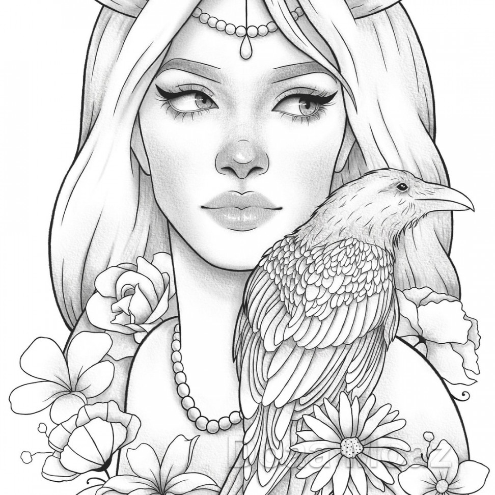 Adult Coloring Page Fantasy Girl Bird Portrait - Etsy