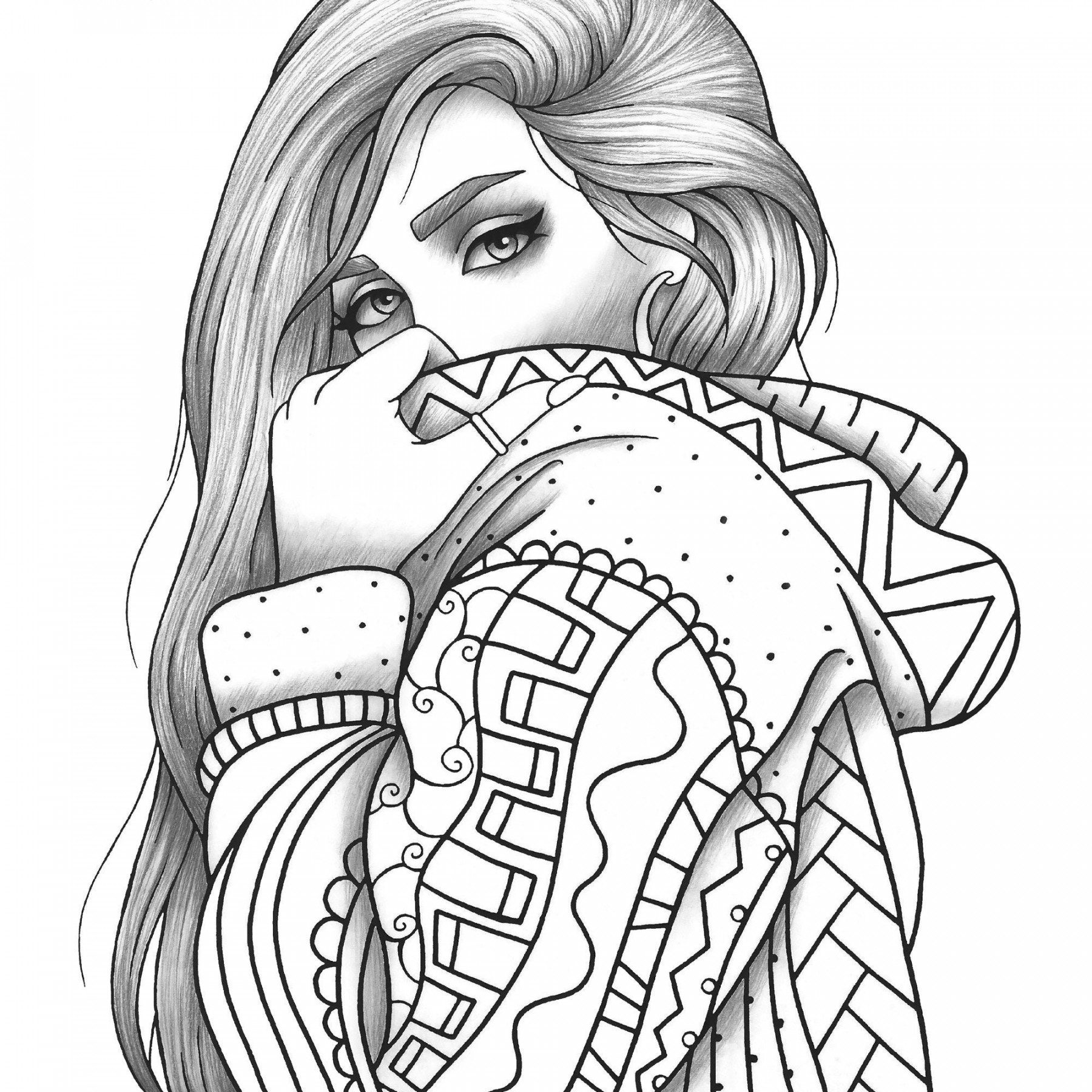 Adult Coloring Page Girl Portrait and Clothes Colouring Sheet