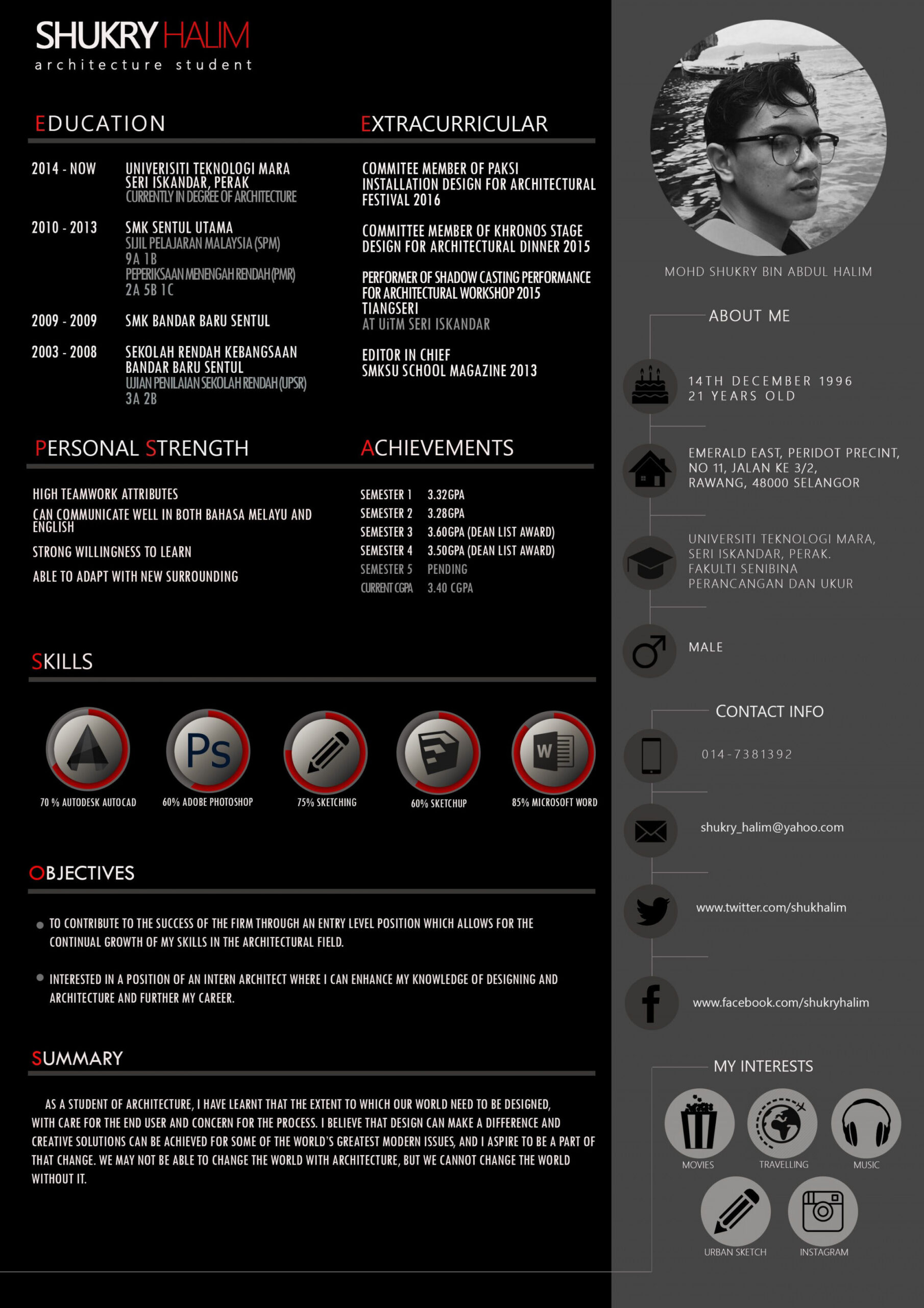 Architectural Resume by Shukry Halim  Resume design creative, Cv