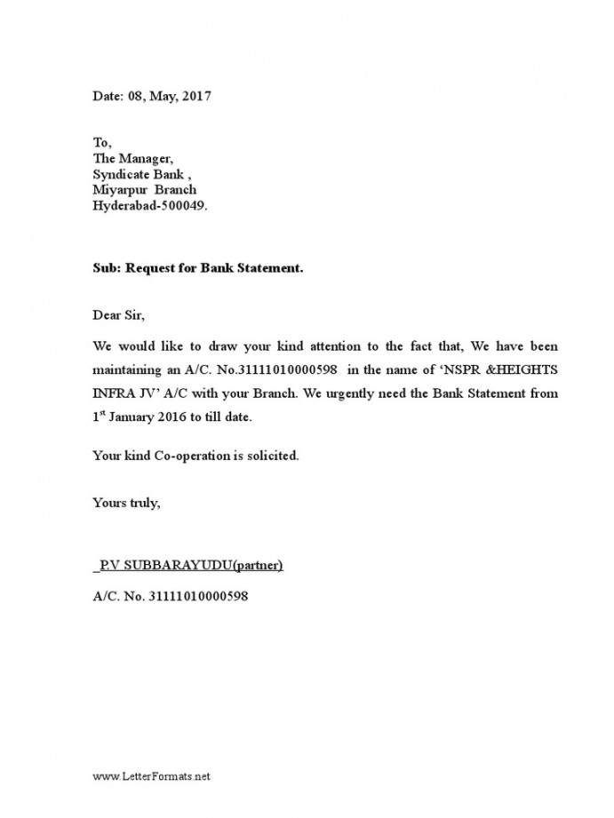 Bank Statement Request Letter To The Bank Manager  PDF