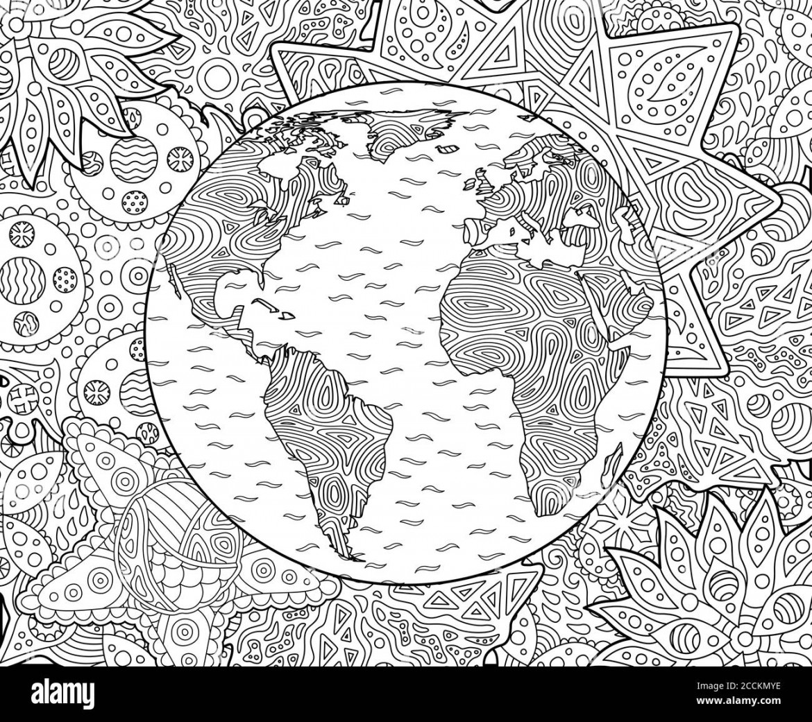 Beautiful adult coloring book page with stylized planet earth