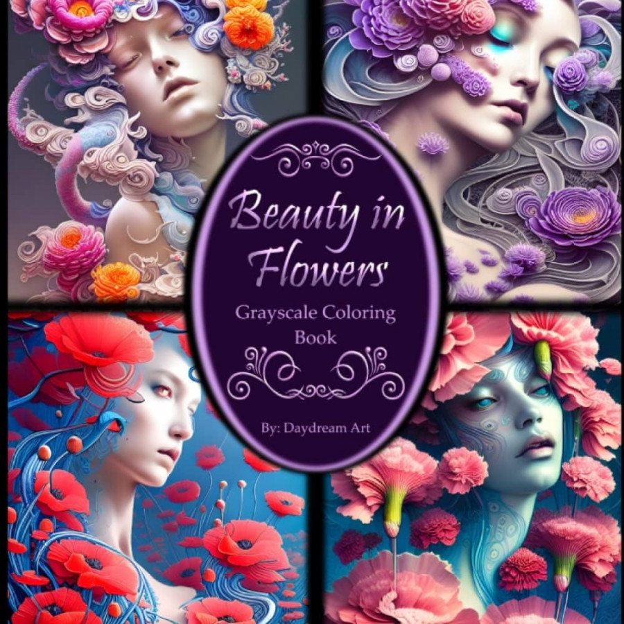 Beauty in Flowers Grayscale Coloring Book:  Calming images to