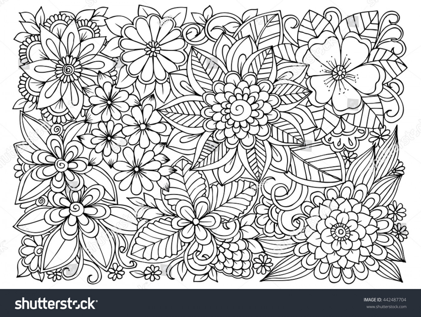 Black White Flower Pattern Coloring Doodle: Stock-Vektorgrafik