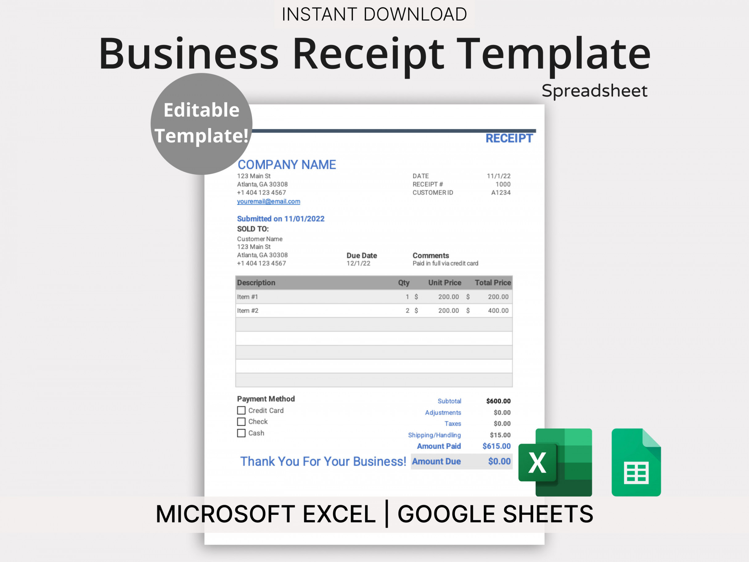 Business Receipt Template for Microsoft Excel & Google Sheets - Etsy