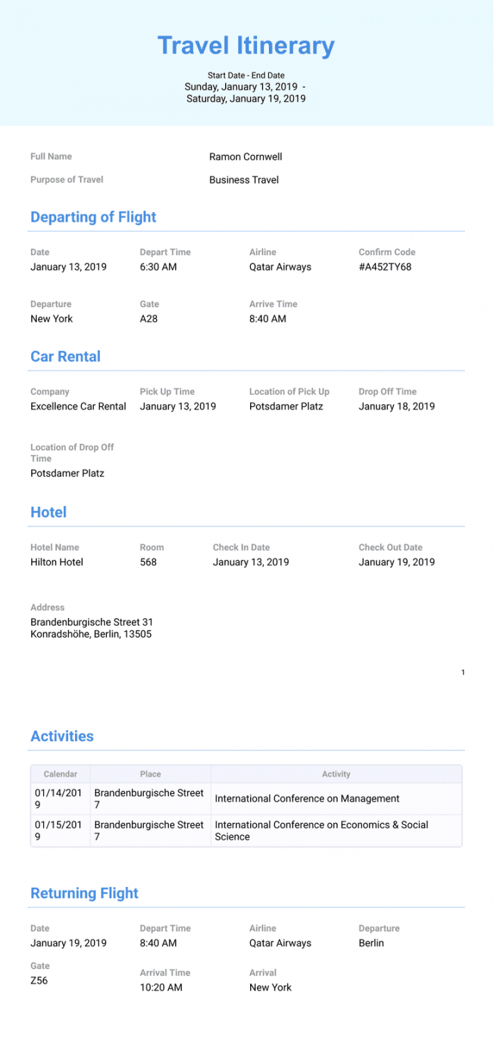 Business Travel Itinerary Template - PDF Templates  Jotform