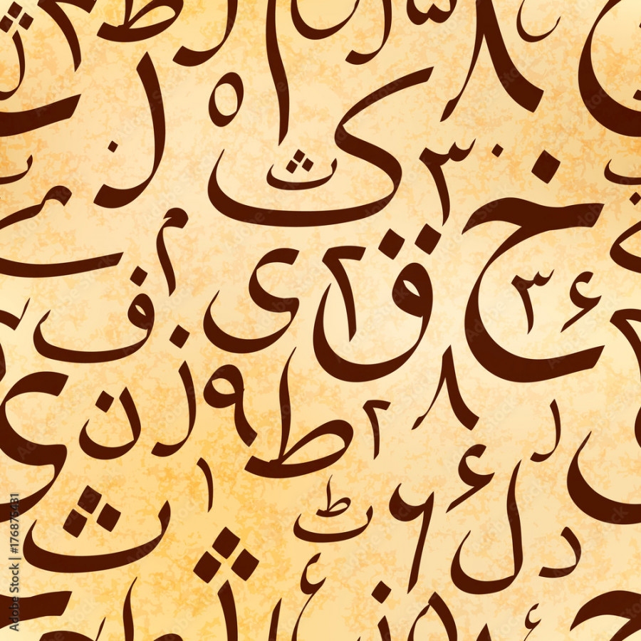 Calligraphy Urdu alphabet letters on old ancient scroll, seamless