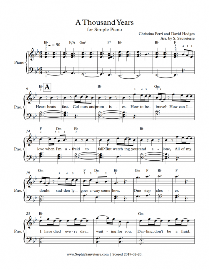 Christina Perri – A Thousand Years – Simple Piano Sheet Music