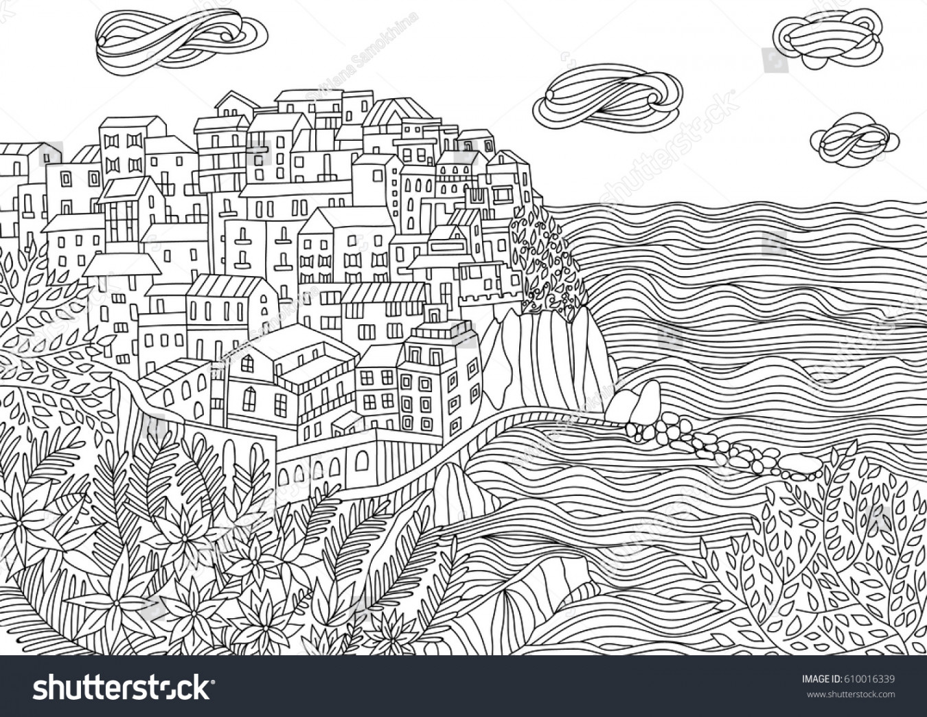 Coloring Adult Monterosso Al Mare Italy Stock Vector (Royalty Free