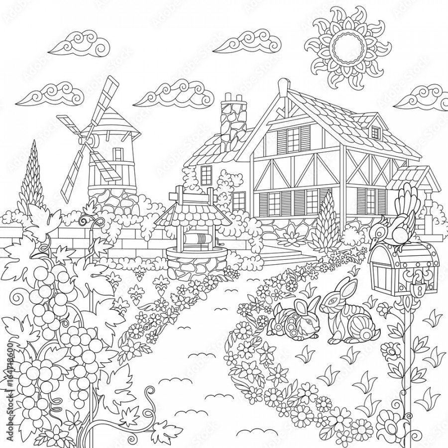 Coloring book page of rural landscape