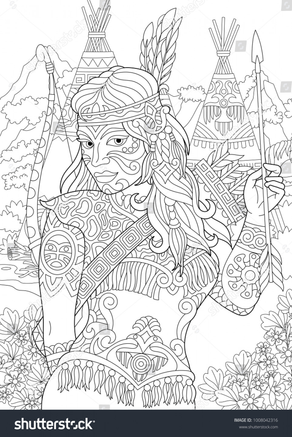 Coloring Page Adult Coloring Book Native: Stock-Vektorgrafik