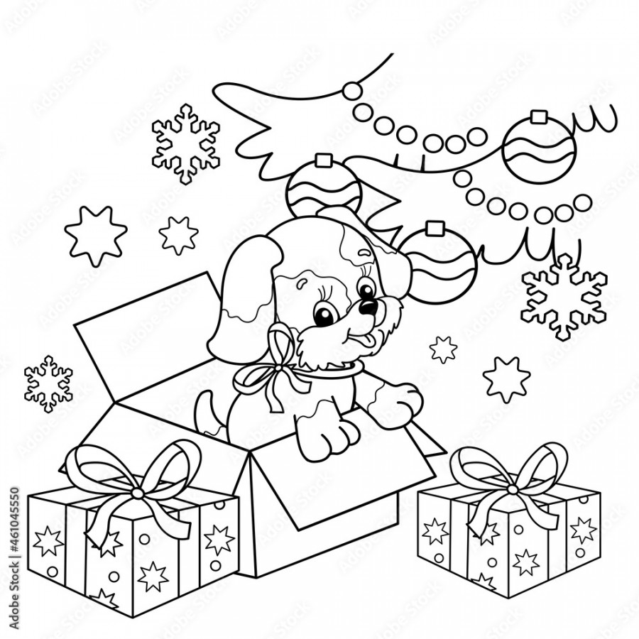 Coloring Page Outline Of Christmas tree with gifts and with little