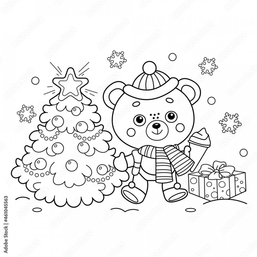 Coloring Page Outline Of little bear with Christmas tree