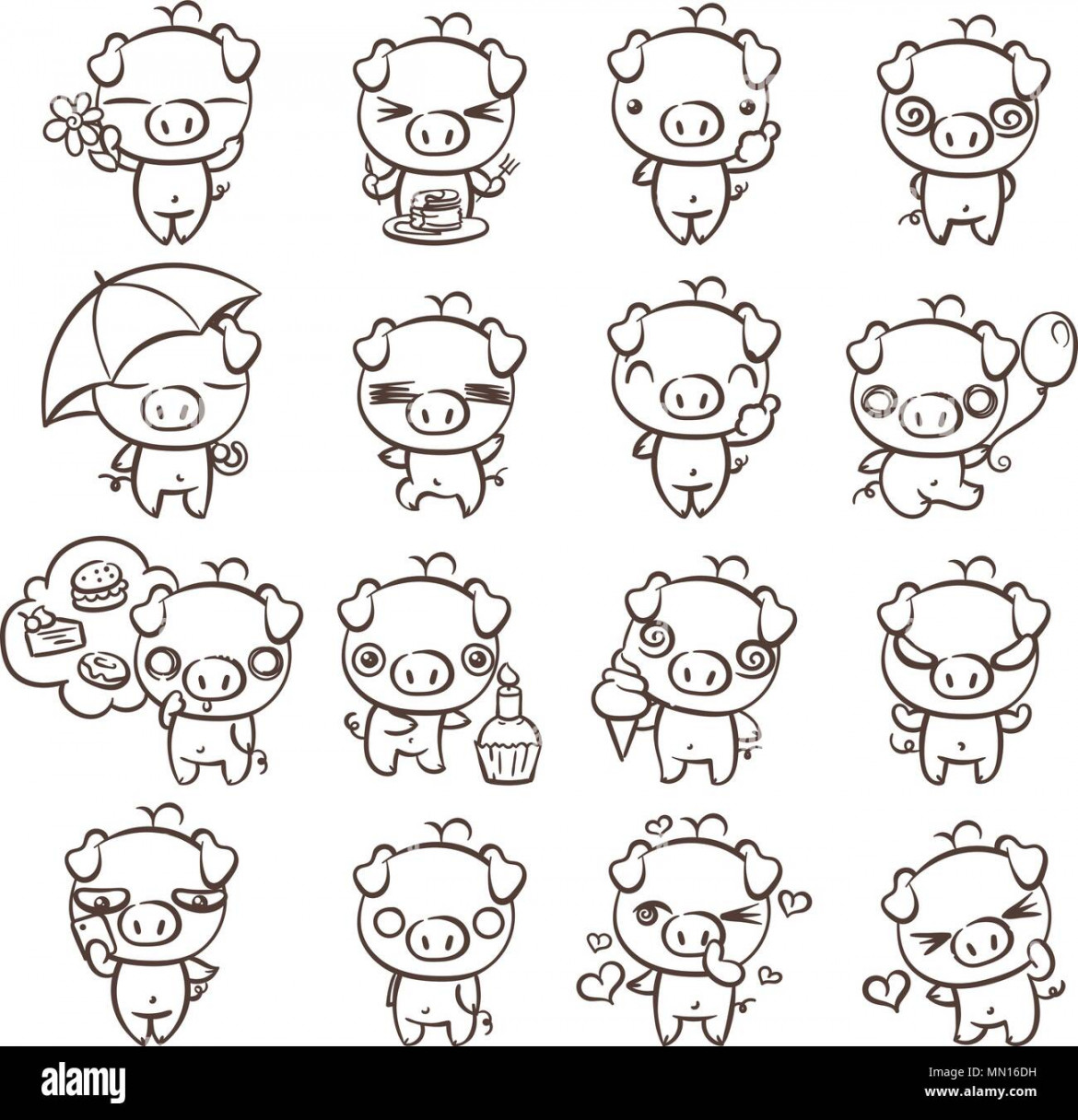 Coloring page with collection of cutest pig character icon set