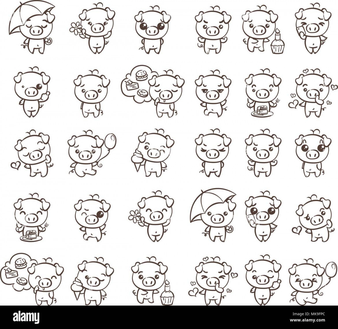 Coloring page with collection of cutest pig character icon set