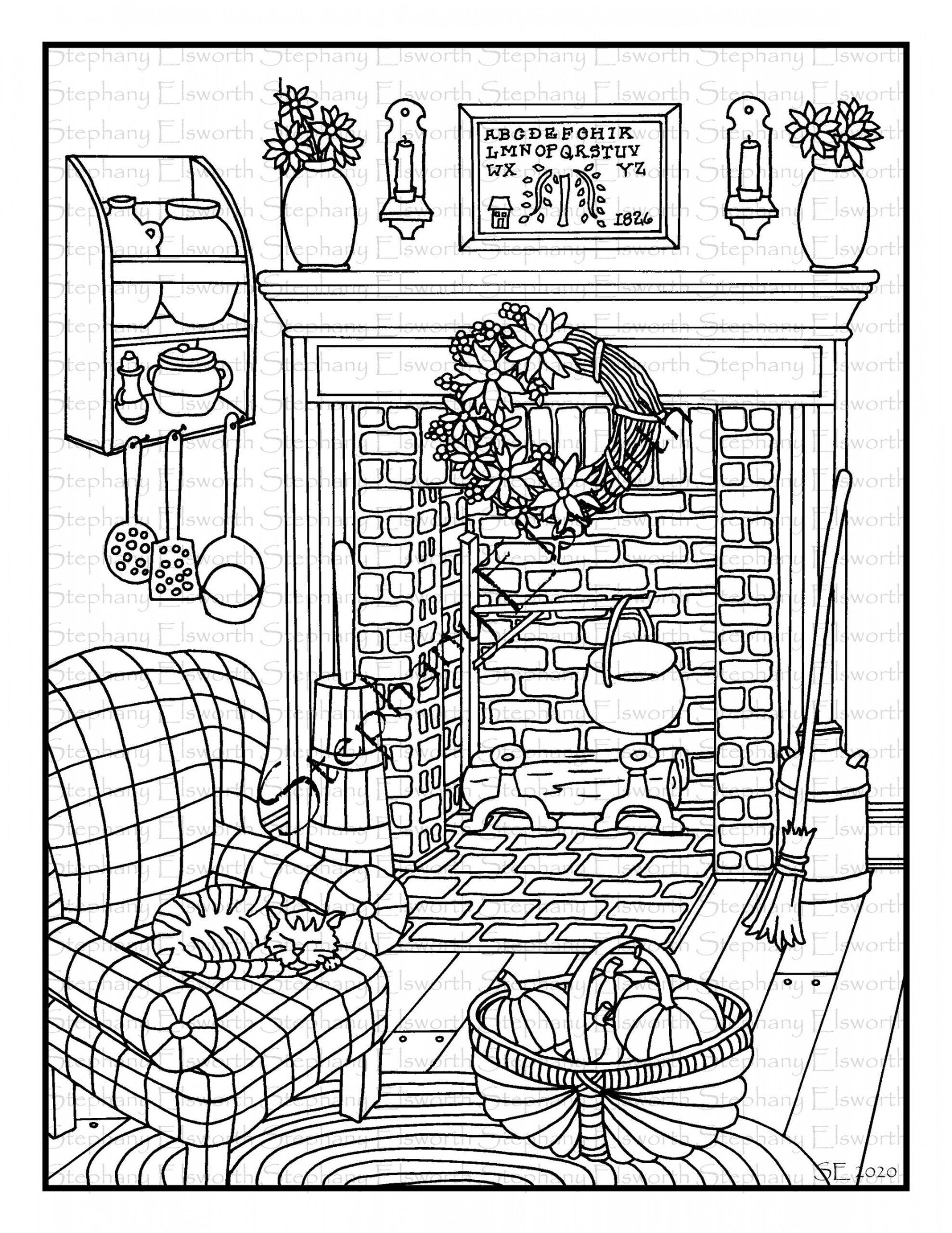 Cozy Fall Living Room  / x  Instant Download Printable Coloring Page